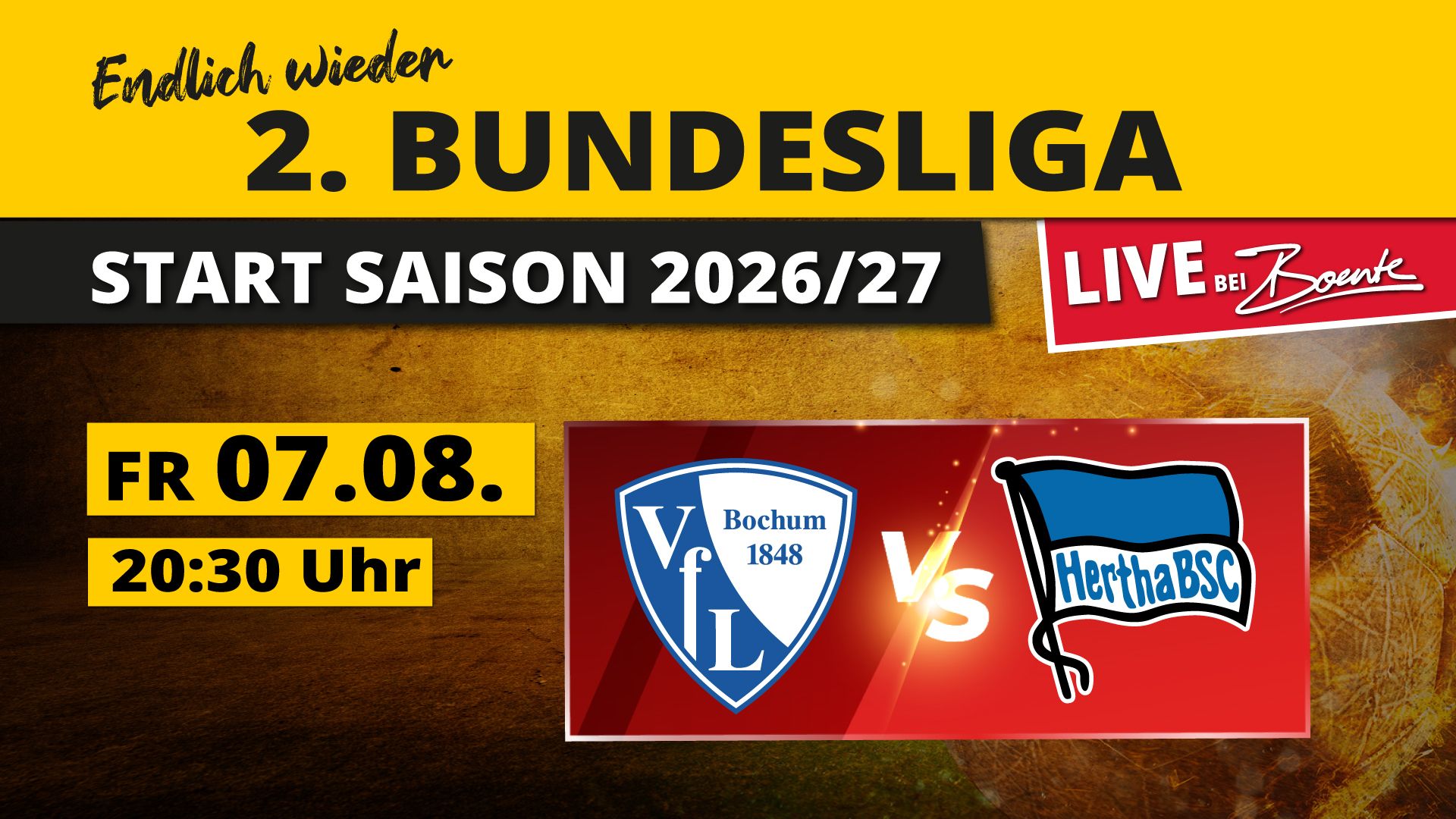 Bundesliga promo poster: VfL Bochum vs Hertha BSC, Fri 07.08., 20:30 Uhr, live on Sky.