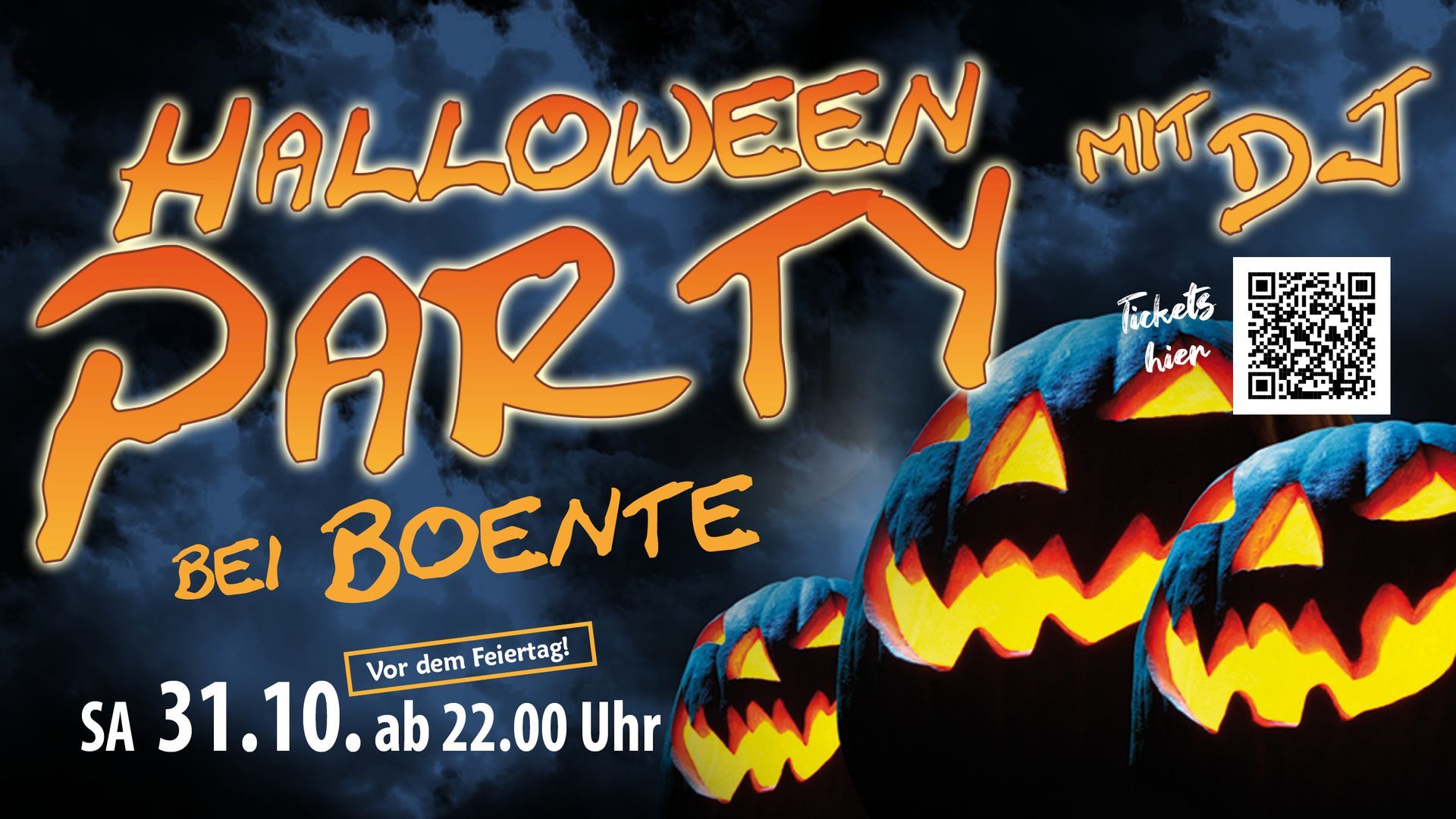 Halloween-Party-Flyer im Boente mit DJ. Kürbisse, dunkelblauer Hintergrund, 31. Oktober um 21 Uhr.