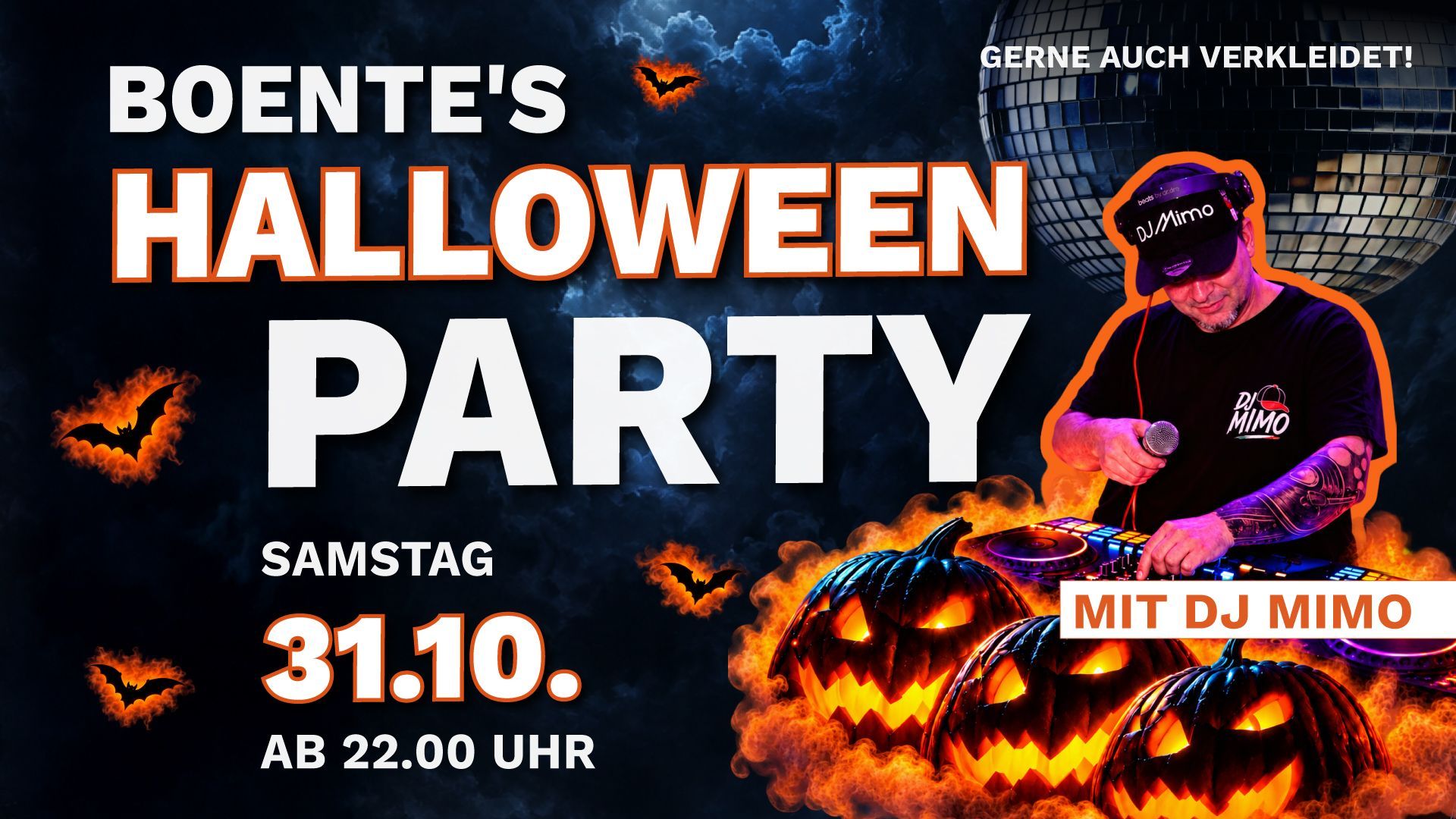 Halloween-Party-Flyer im Boente mit DJ. Kürbisse, dunkelblauer Hintergrund, 31. Oktober um 21 Uhr.
