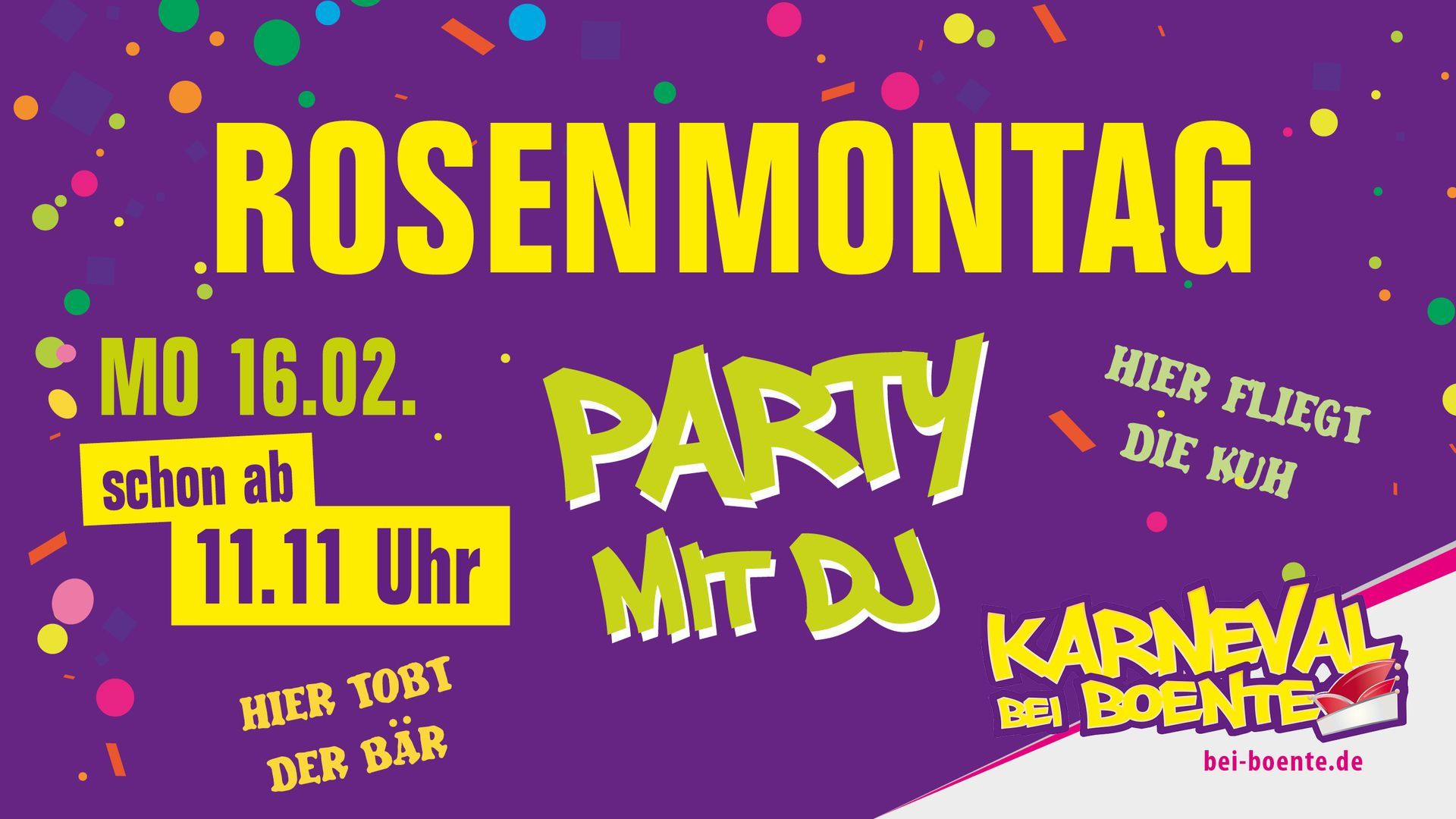 Rosenmontag party poster with yellow text on purple. Features