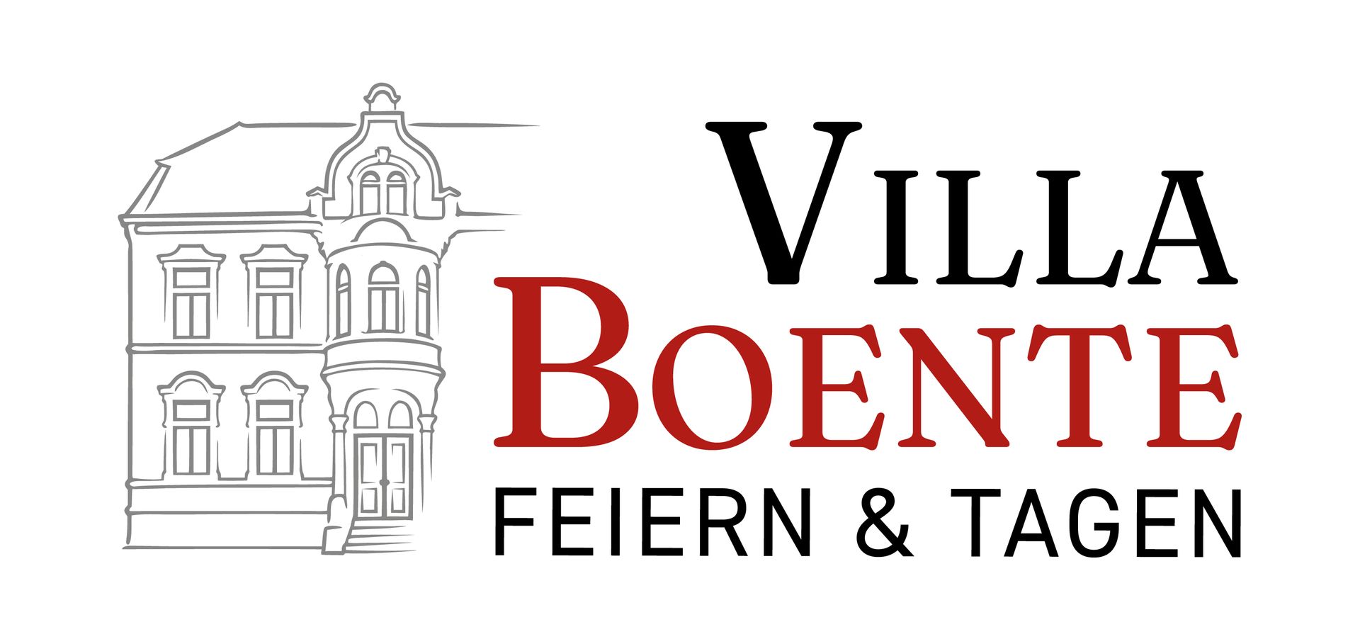 Villa-Boente-Logo mit einer Strichzeichnung eines Hauses und schwarzem und rotem Text