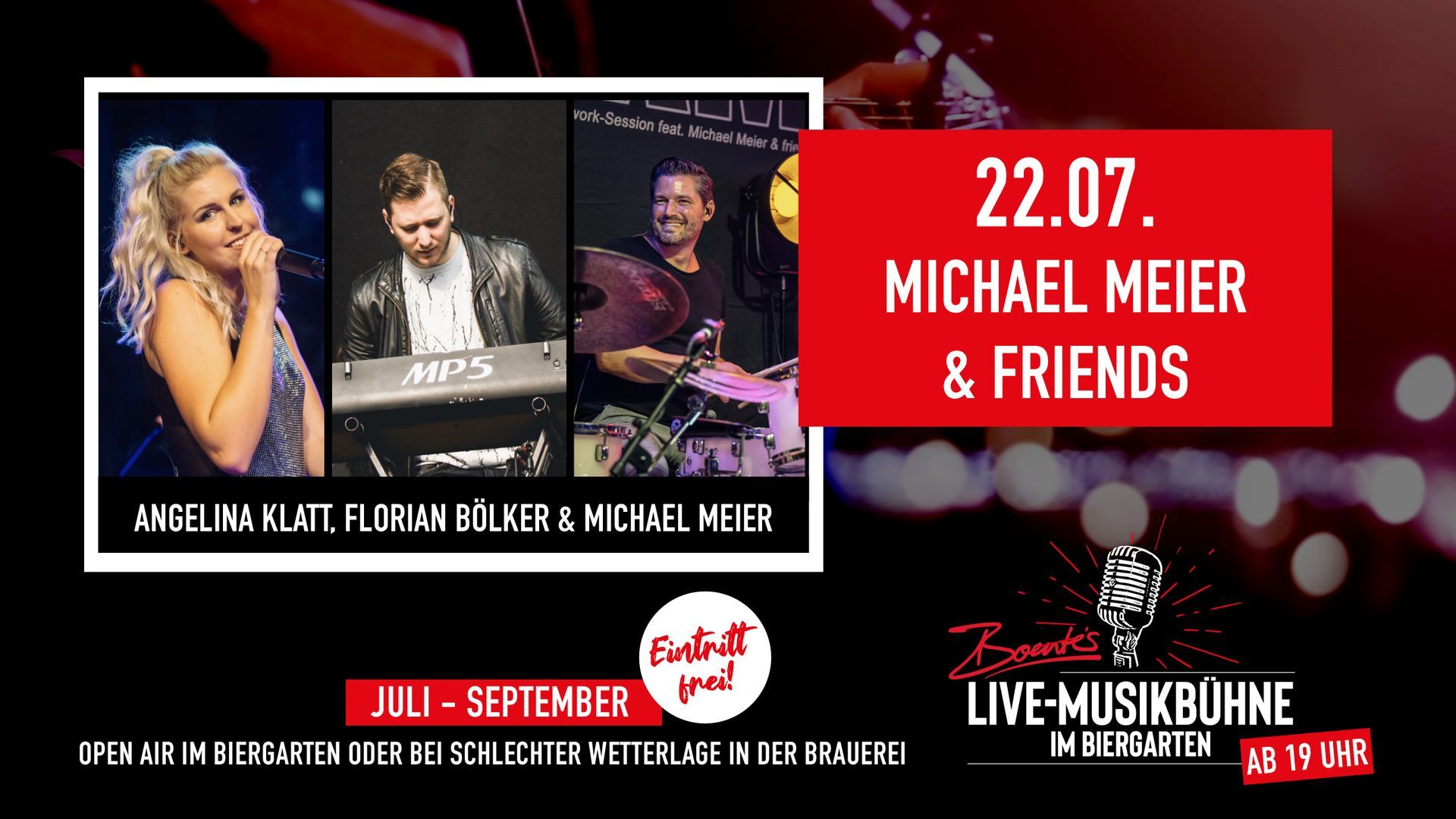 Konzertplakat für Michaeli Meier & Friends, mit drei Musikern und Veranstaltungsterminen Juli–September in der Live-Musikbühne Memmingen.