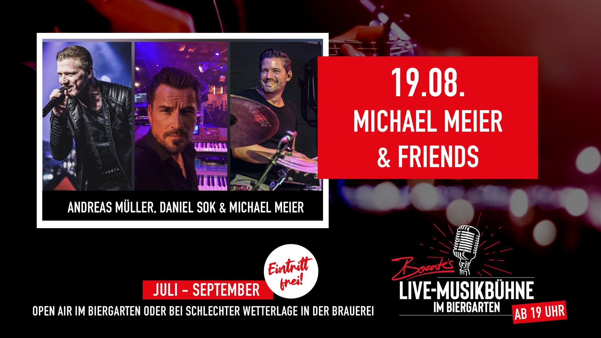 Konzertplakat mit zwei Musikern, rotem Datumsfeld „19.08. Michael Meier & Friends“ und Logo des Veranstaltungsortes.