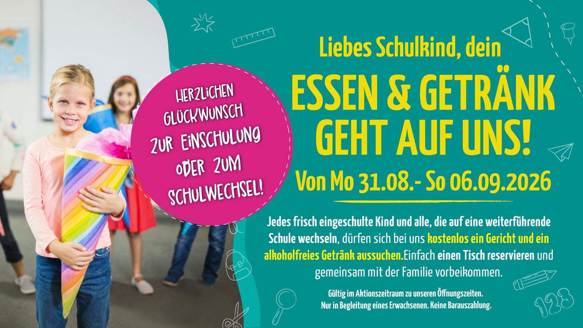 Schulkind mit Brotdose und Trinkflasche vor blauem Hintergrund; Text: Essen & Getränk geht auf uns!