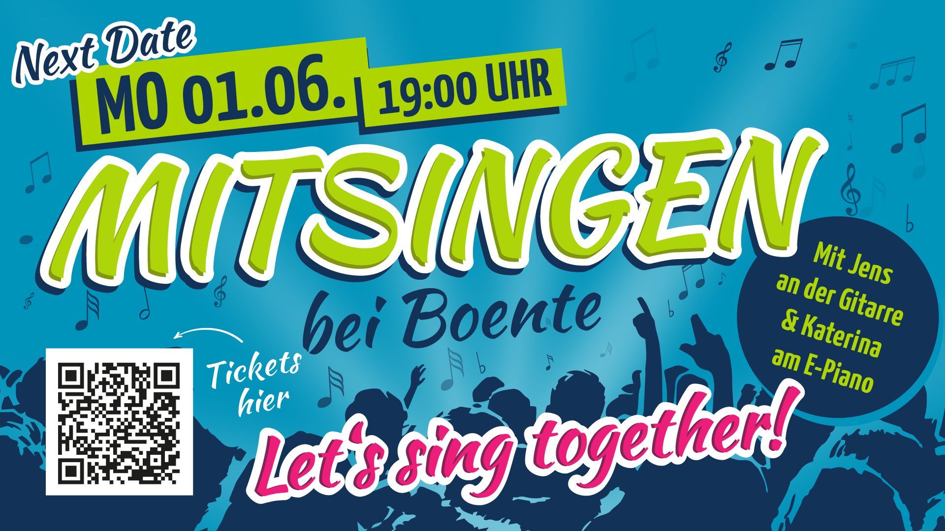 Blaues Plakat für ein Gesangstreffen in Bonte mit Datum, Uhrzeit, QR-Code und dem Aufdruck „Lasst uns zusammen singen!“