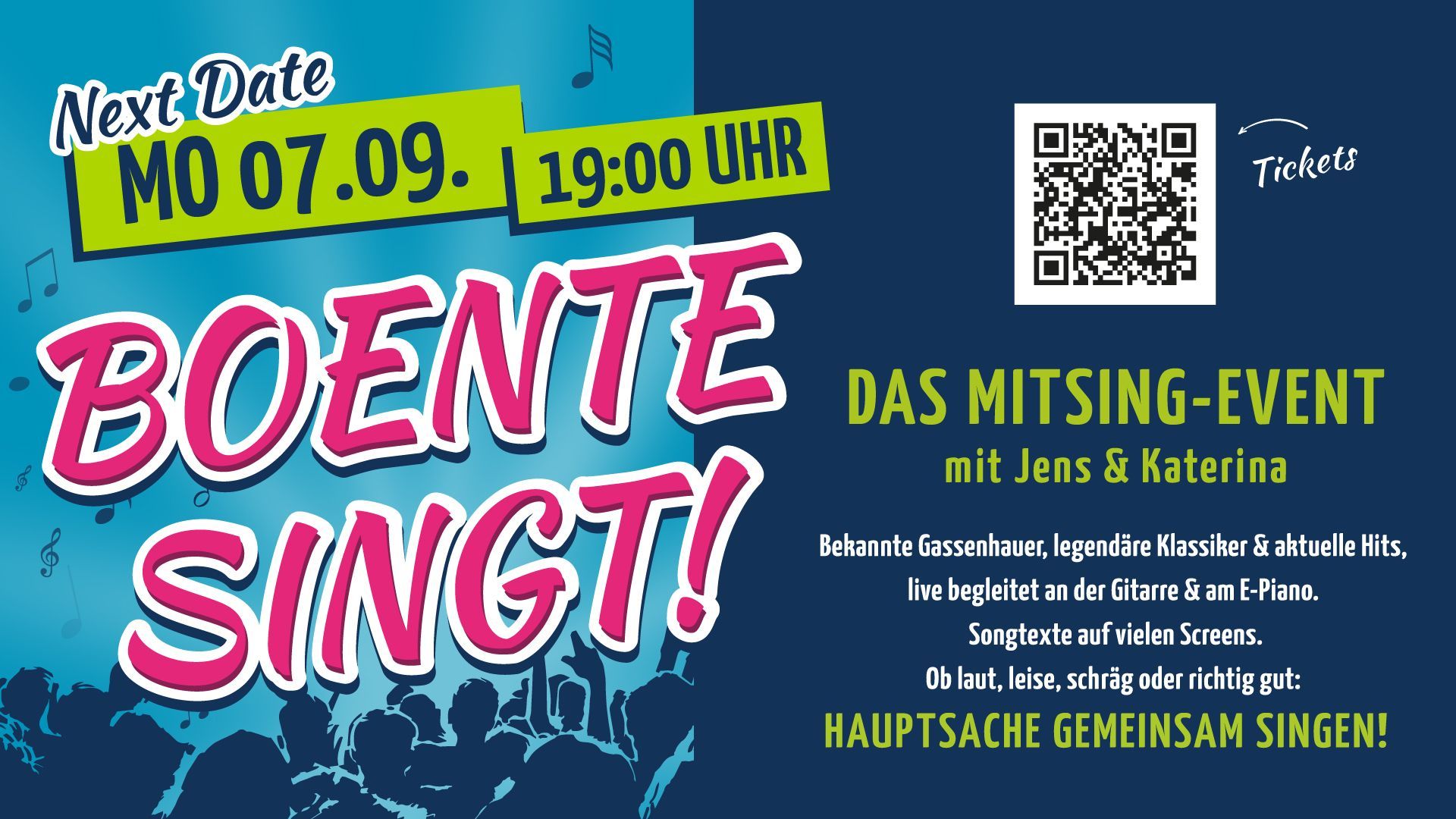 Blaues Konzertplakat für „Boente singt!“ mit Datum, Uhrzeit, QR-Code und Veranstaltungsdetails.