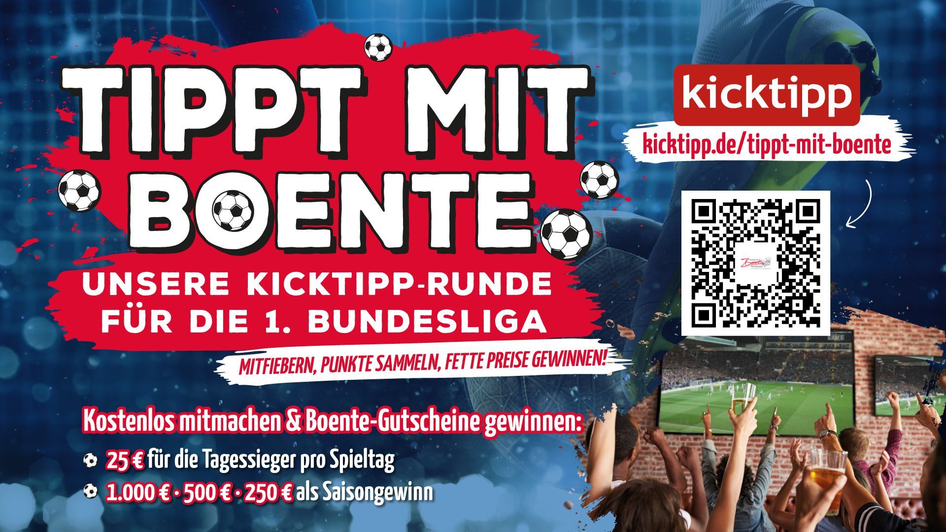 Rot-weißer Kicktipp-Banner für die 1. Bundesliga mit QR-Code und jubelnder Fußballfan-Kulisse