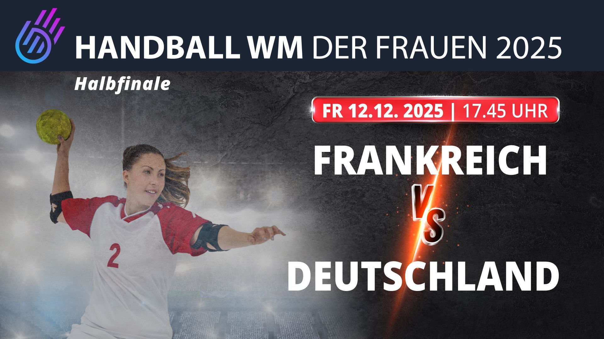 Handballspiel: Frankreich gegen Deutschland, Halbfinale, Frauen-Weltmeisterschaft 2025. Eine Spielerin in Aktion, rot-weiß.