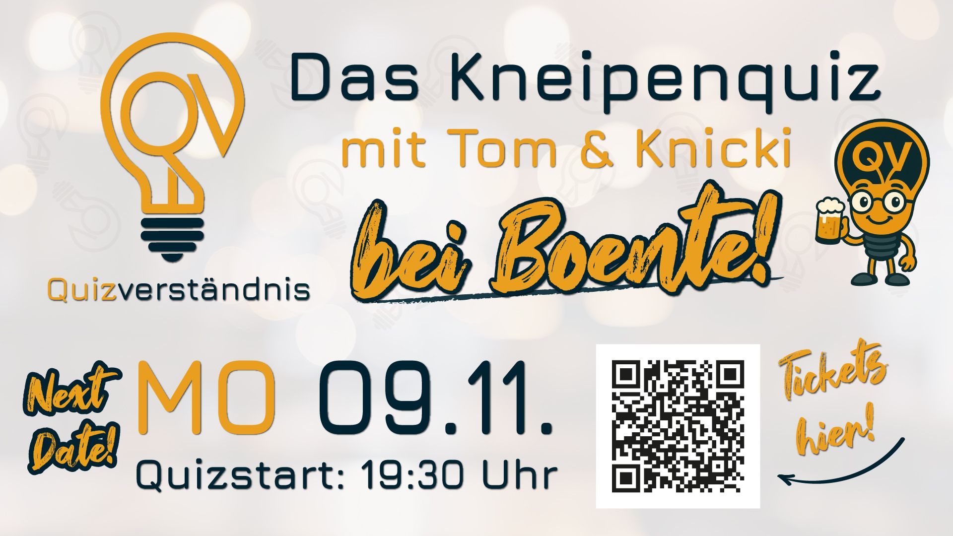 Kneipenquiz poster: Das Kneipenquiz mit Tom & Knicki, bei Boente, MO 09.11., Quizstart 19:30 Uhr
