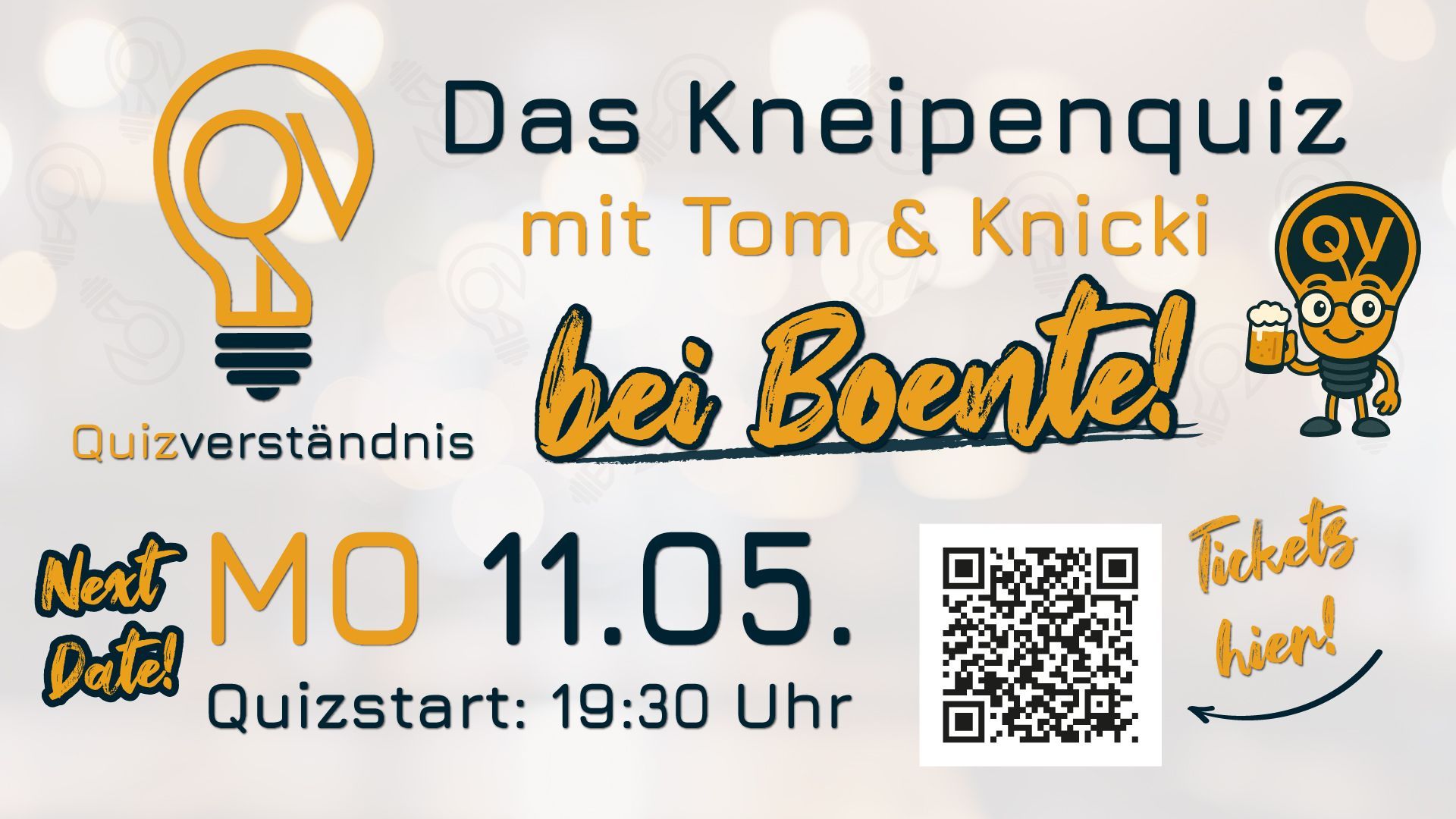 Plakat für eine Pub-Quiz-Veranstaltung im Boente mit Tom & Knicki am 11. Mai um 19:30 Uhr.