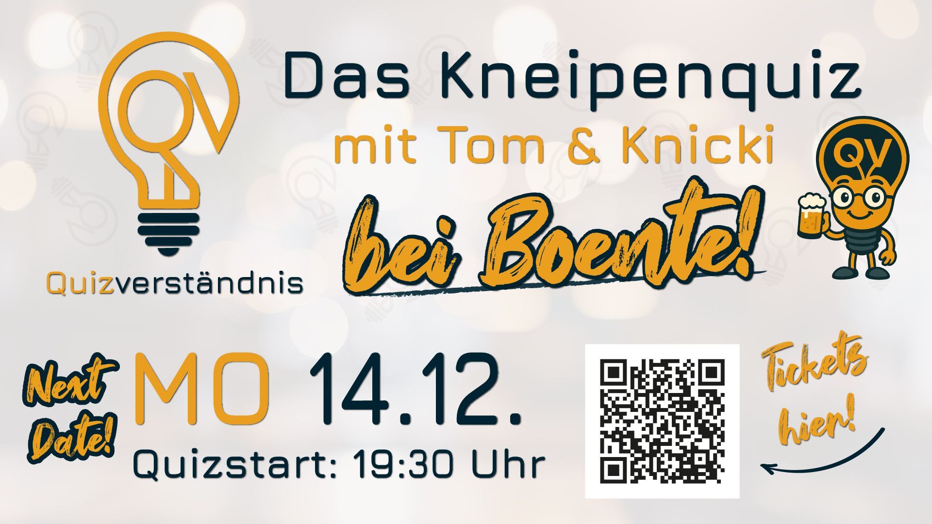 Quizwerbung mit gelbem Logo, Text „Das Kneipenquiz mit Tom & Knicki bei Boente“, Datum 14.12. und QR-Code