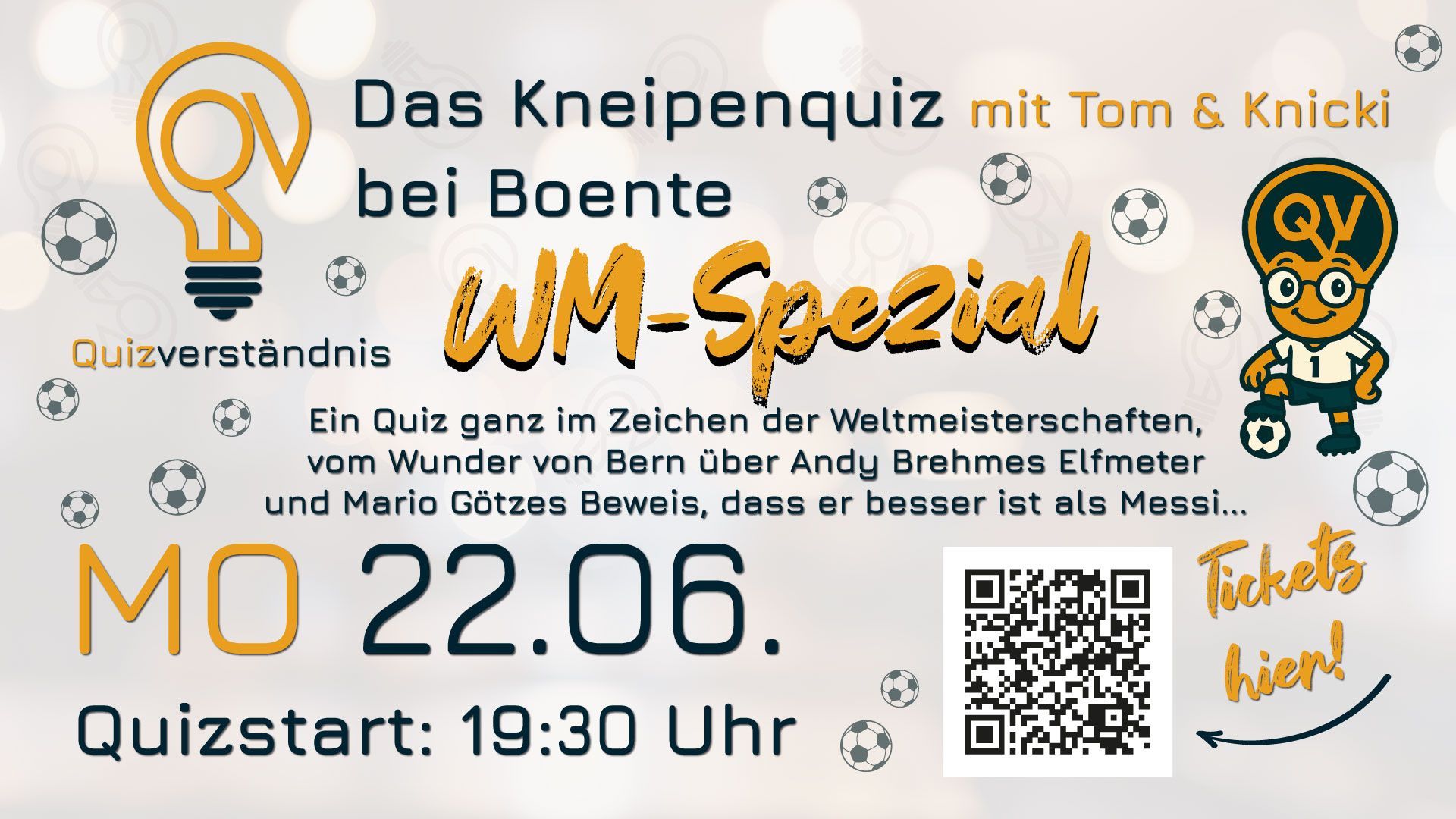 Quizabend-Plakat im Boente: „WM-Spezial“ mit Tom & Knicki. 22. Juni um 19:30 Uhr. Themen rund um die Weltmeisterschaft, Tickets per QR-Code.