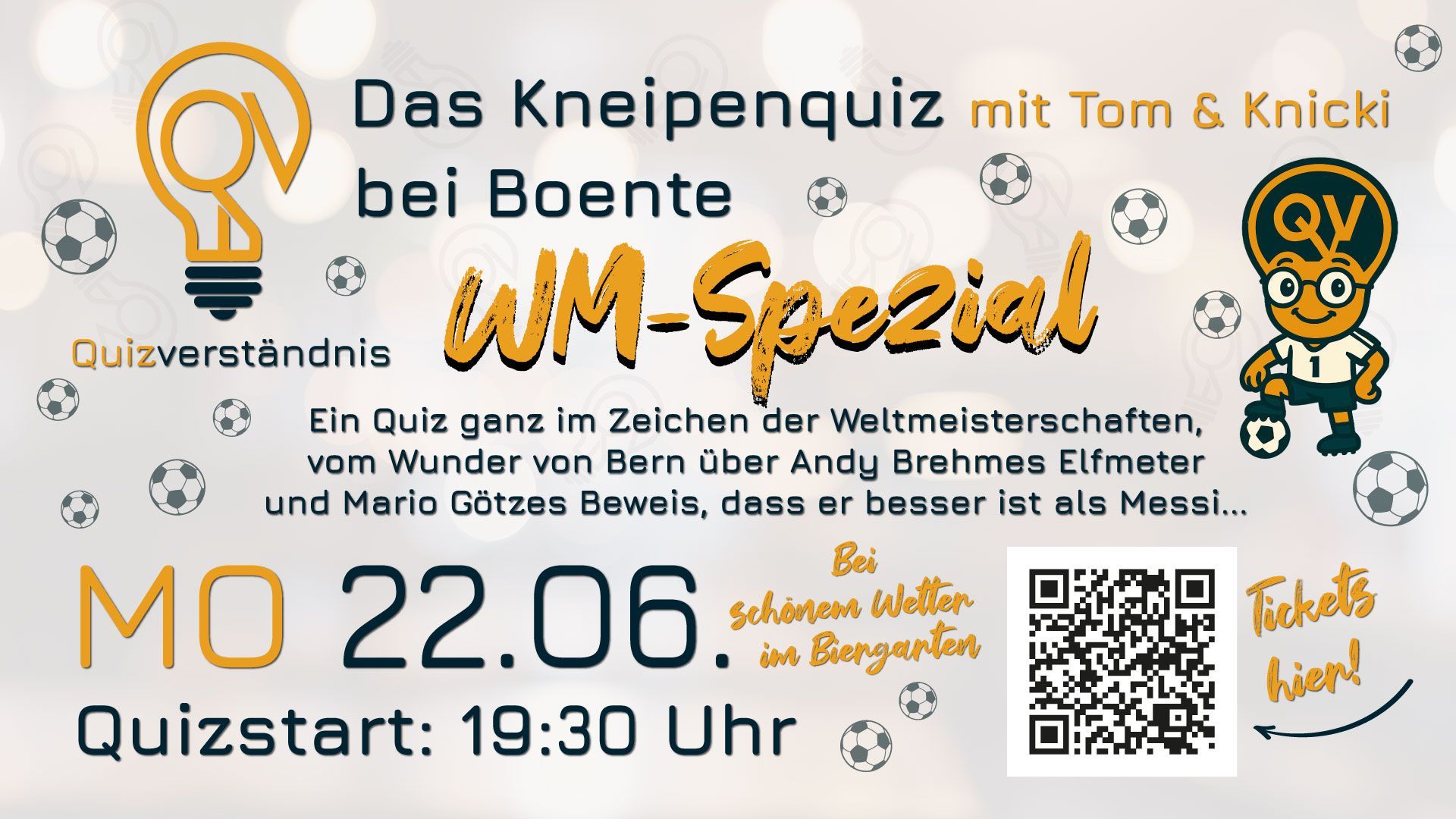Quizabend-Plakat im Boente: „WM-Spezial“ mit Tom & Knicki. 22. Juni um 19:30 Uhr. Themen rund um die Weltmeisterschaft, Tickets per QR-Code.