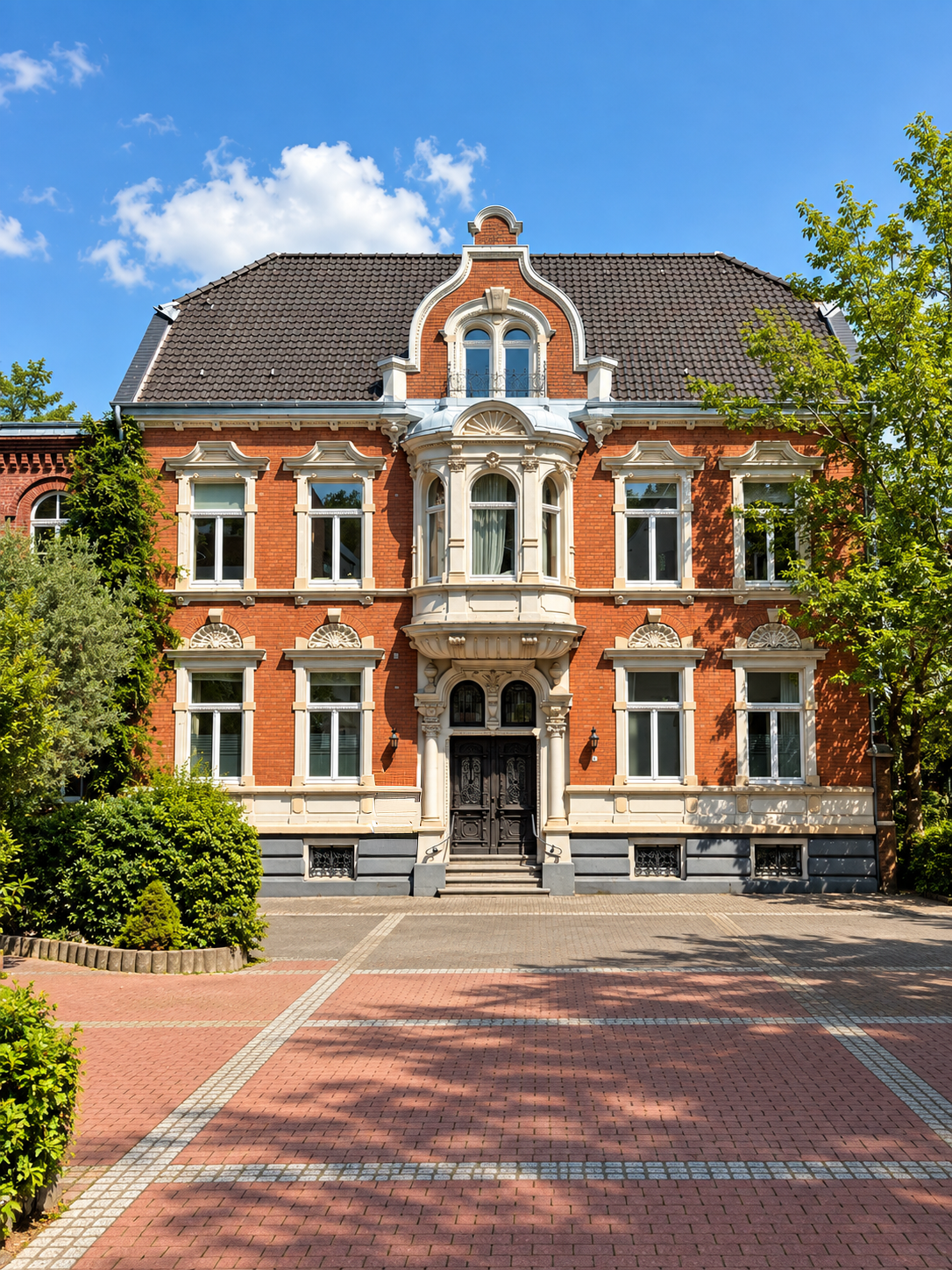 Historisches Herrenhaus aus rotem Backstein mit weißen Zierleisten, mittig hinter einem gepflasterten Innenhof unter blauem Himmel