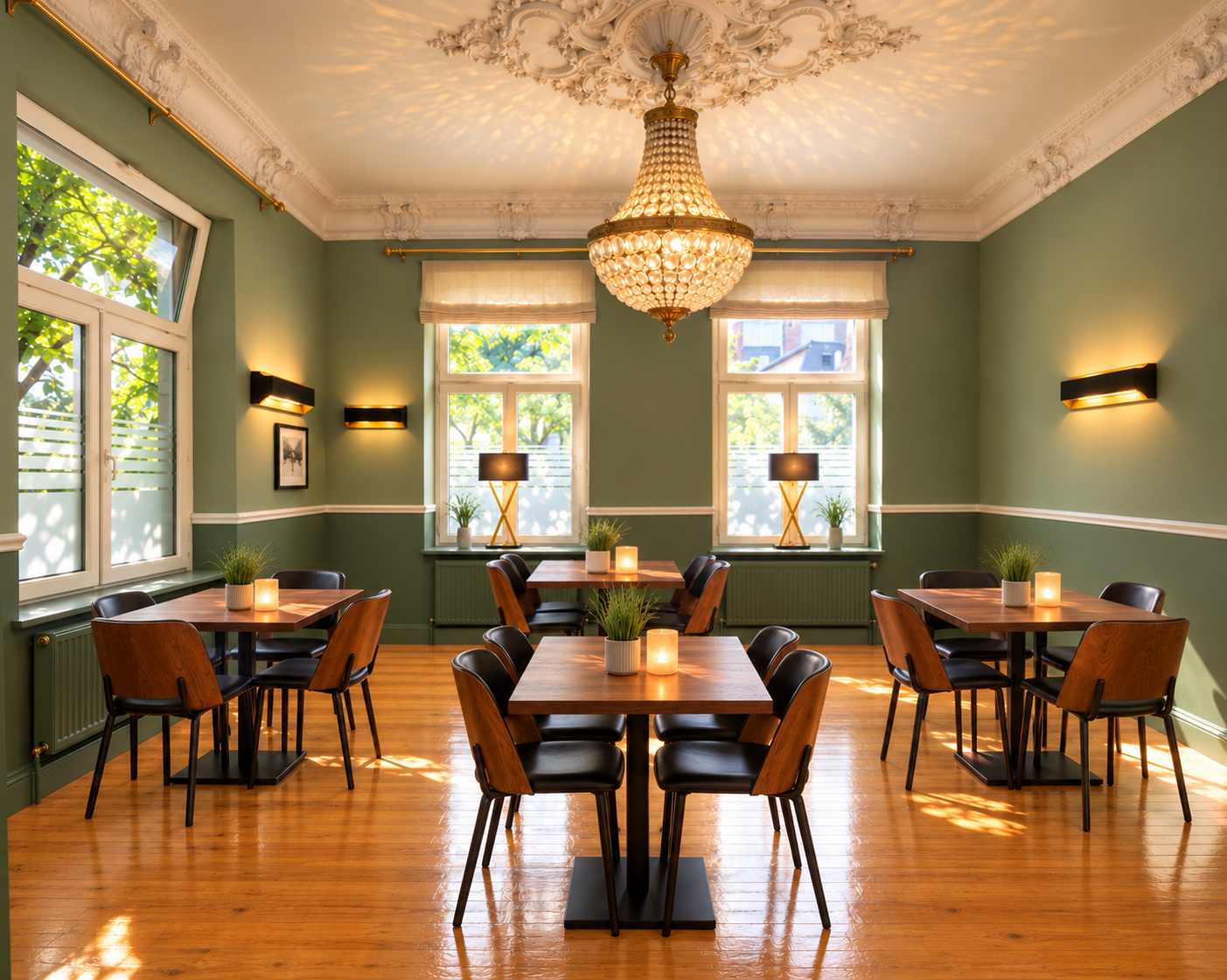 Eleganter Speisesaal mit grünen Wänden, Kronleuchtern und Holztischen an großen, lichtdurchfluteten Fenstern
