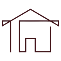 Un dibujo lineal de una casa con techo sobre un fondo blanco.