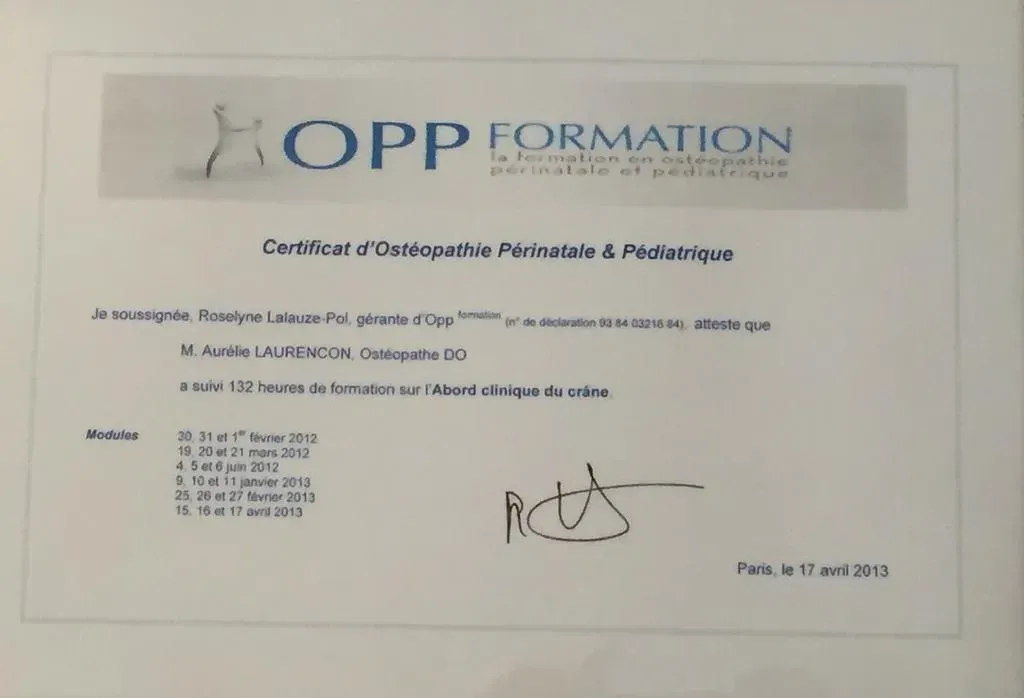 Attestation de formation d'OPP Formation, signée à Paris, le 17 mai 2013.