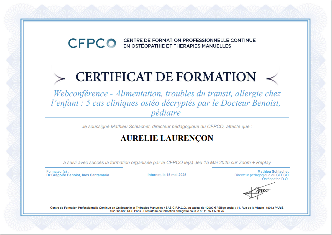 Certificat de formation alimentation, troubles du transit, allergie chez
l’enfant