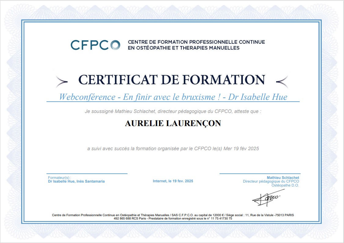 Certificat de formation en finir avec le bruxisme ! - Dr Isabelle Hue