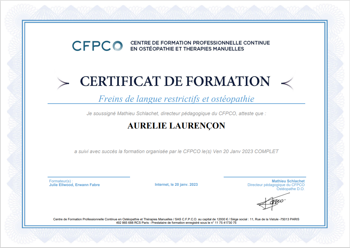 Certificat de formation freins de langue restrictifs et ostéopathie