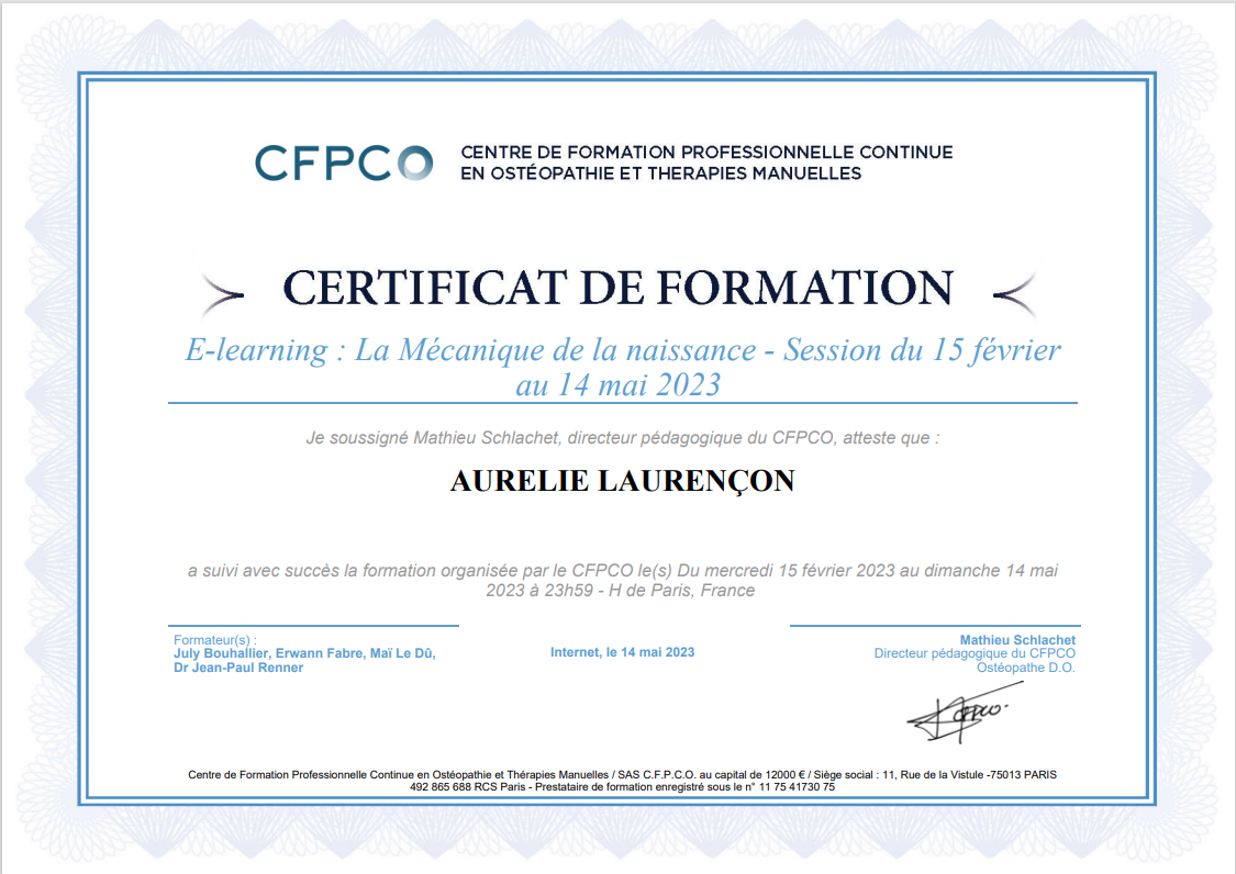 Certificat de formation sur la mécanique de la naissance