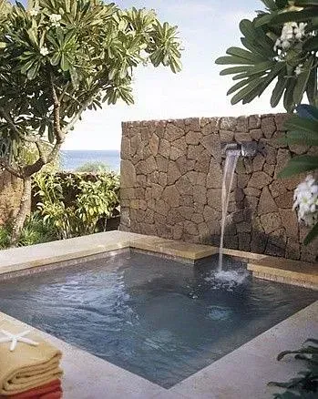 Una pequeña piscina con cascada en el patio trasero.