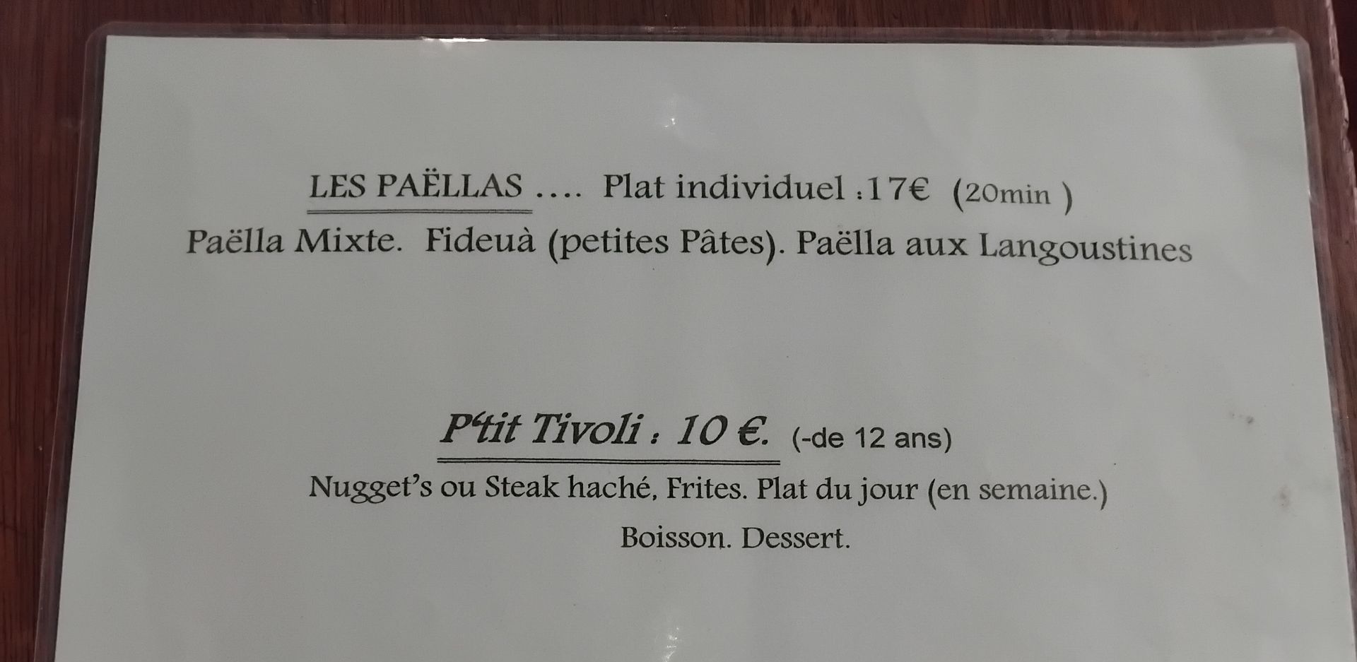 Menu du bar restaurant Le Tivoli