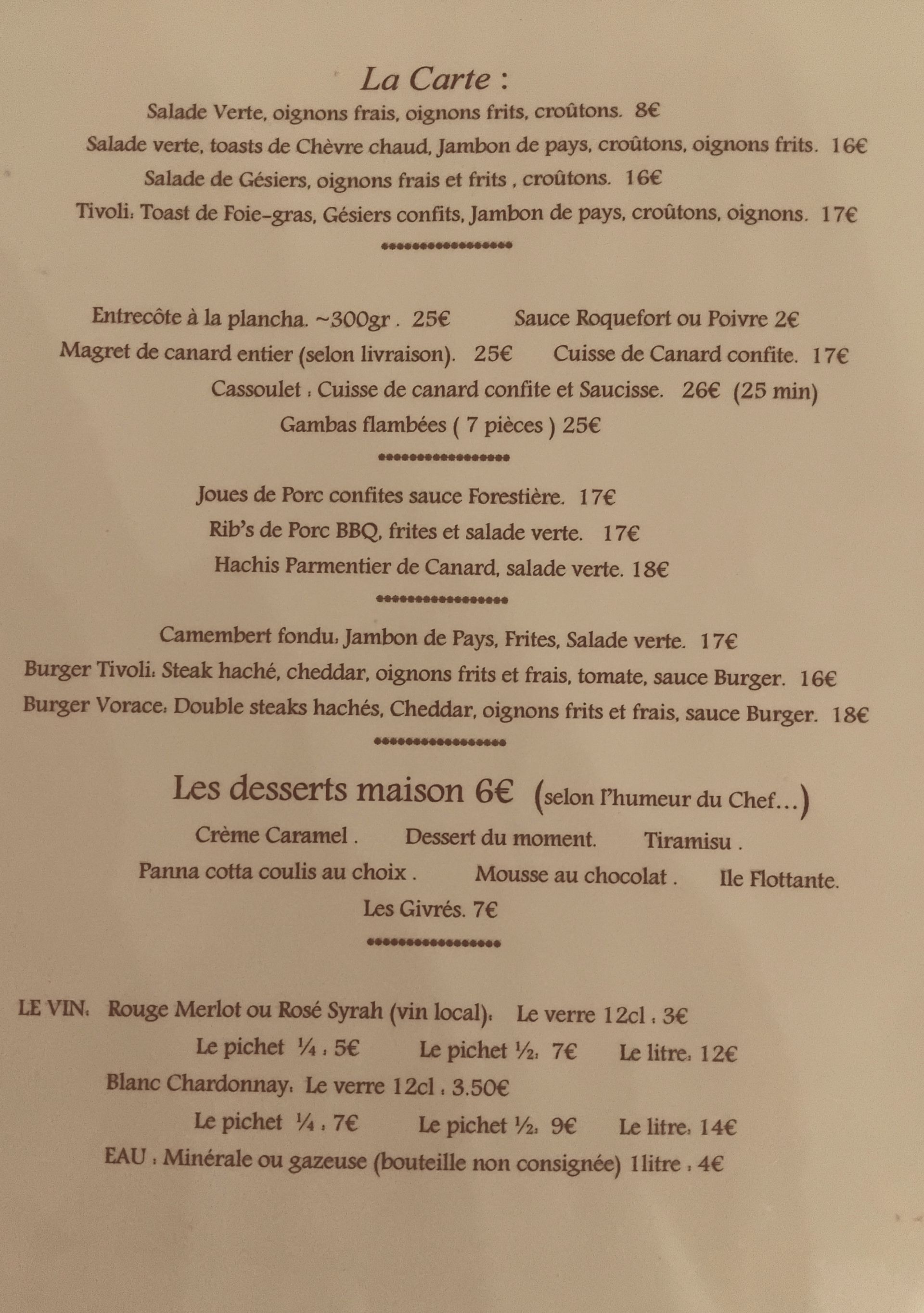 Menu du restaurant le Tivoli