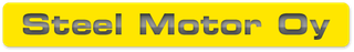 Keltainen ”Steel Motor Oy” - logo metallinsinisillä kirjaimilla ja pyöristetyllä reunuksella