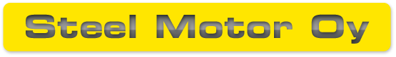 Keltainen &rdquo;Steel Motor Oy&rdquo; - logo metallinsinisill&auml; kirjaimilla ja py&ouml;ristetyll&auml; reunuksella