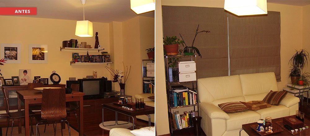 Una foto de antes y después de una sala de estar.