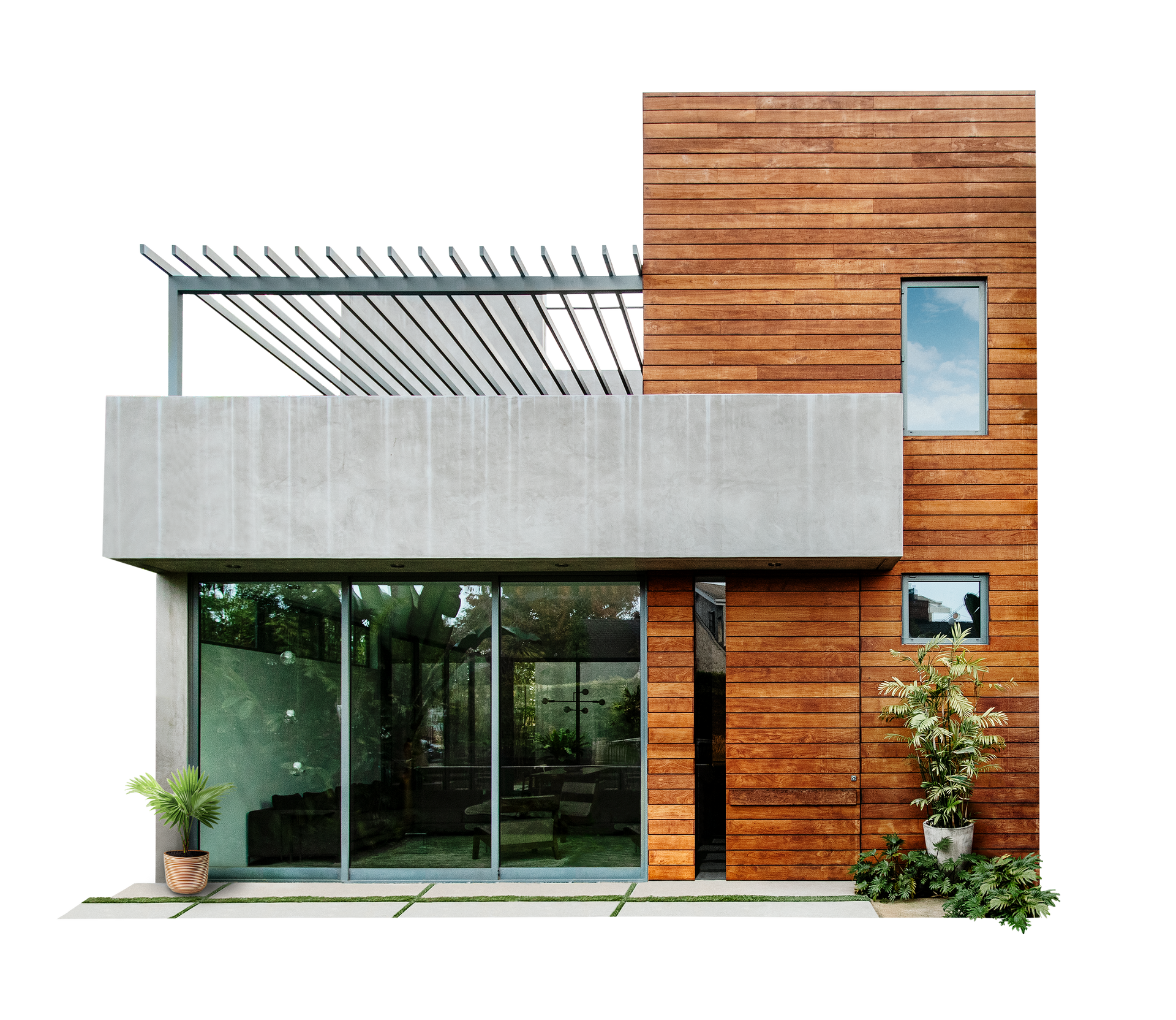 Maison moderne à deux étages avec extérieur en béton et en bois, portes vitrées et pergola sur le toit.