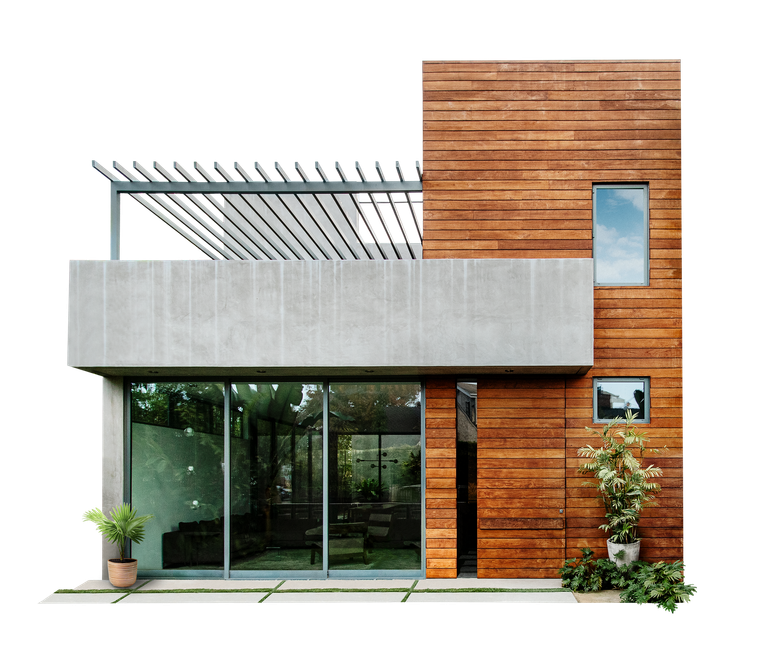 Maison moderne à deux étages avec extérieur en béton et en bois, portes vitrées et pergola sur le toit.