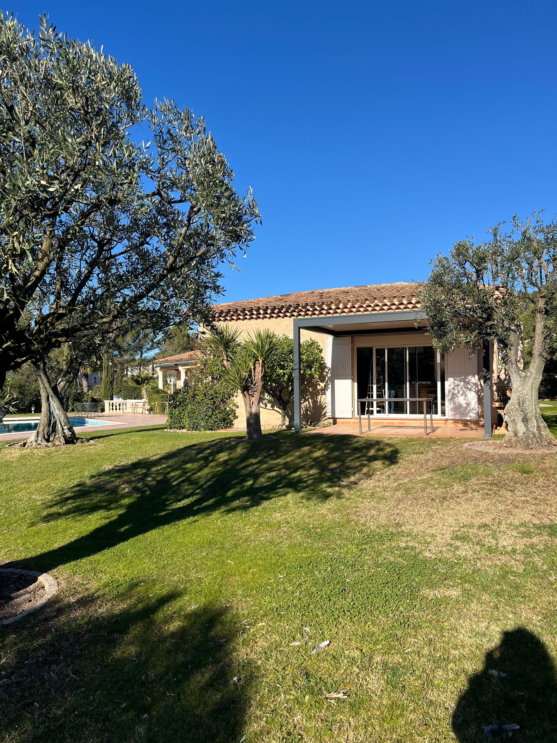 Une maison de plain-pied avec une pergola sur une terrasse, au toit de tuiles, encadrée par deux oliviers sur une pelouse verdoyante.