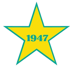 Étoile jaune à bordure turquoise avec l'inscription 1947 à l'intérieur.