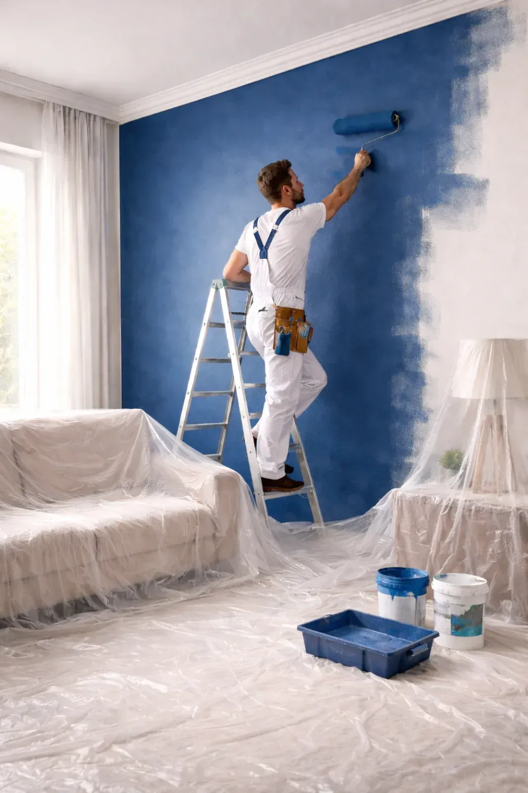 Mann streicht blaue Wand mit einer Farbrolle; Raum mit Plastikfolie abgedeckt.