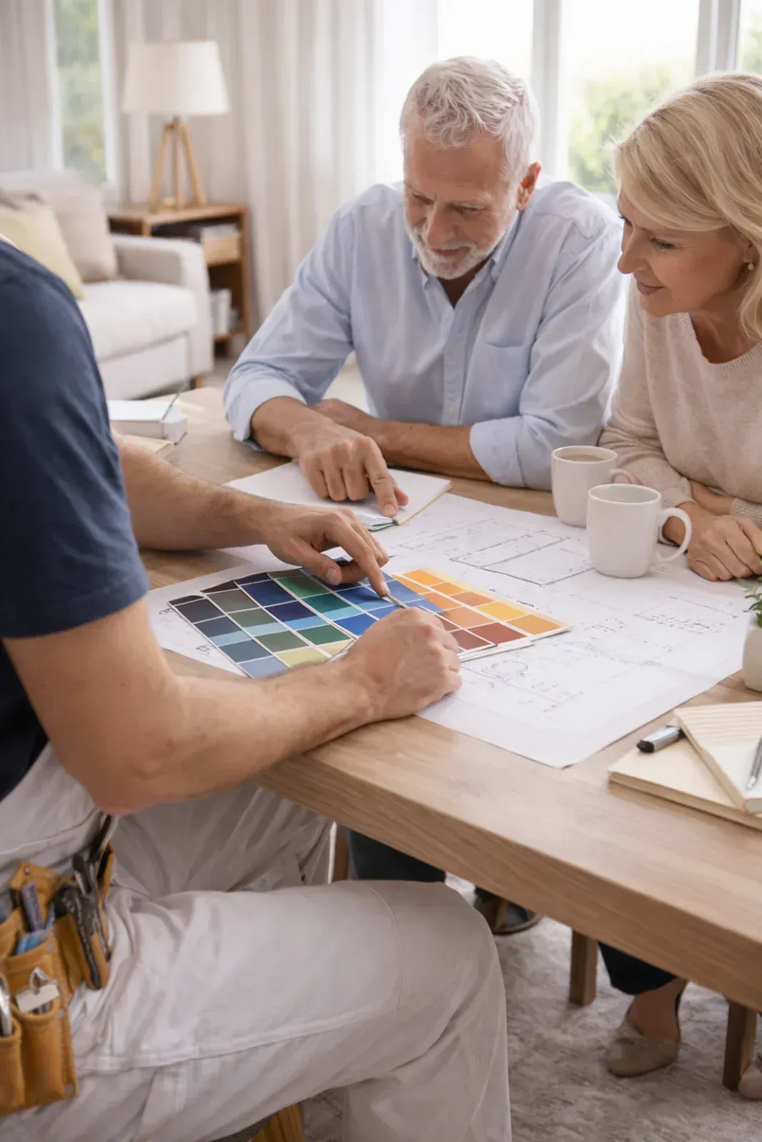 Ein Bauunternehmer und ein Paar begutachten Farbmuster und Baupläne auf einem Tisch.