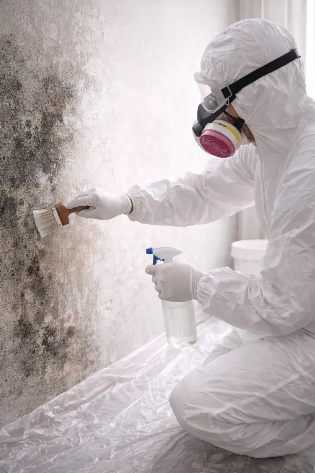 Eine Person in Schutzkleidung entfernt Schimmel von einer Wand.