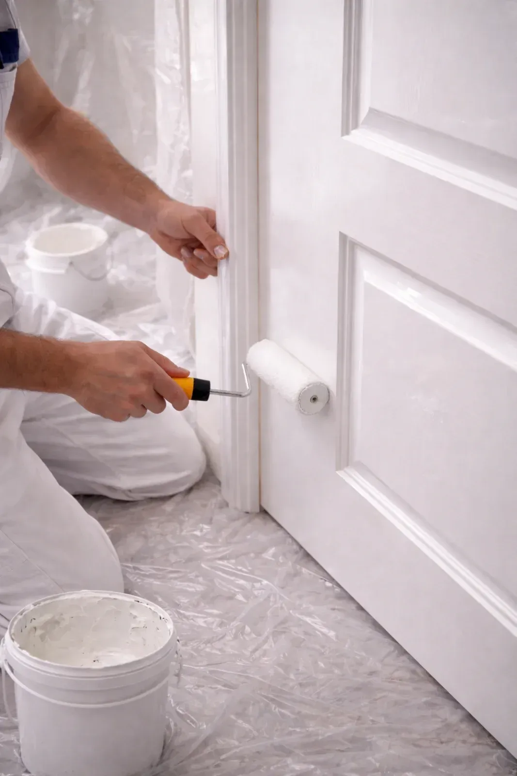 Eine Person streicht mit einer Farbrolle einen weißen Türrahmen; ein Farbeimer steht auf dem Boden.