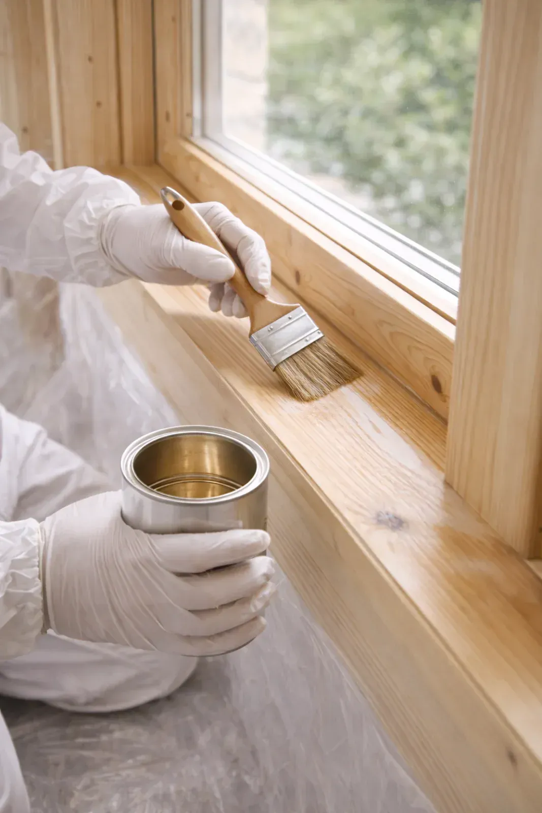 Eine Person, die mit Pinsel und Dose Lack auf eine hölzerne Fensterbank aufträgt, trägt Handschuhe und Schutzkleidung.