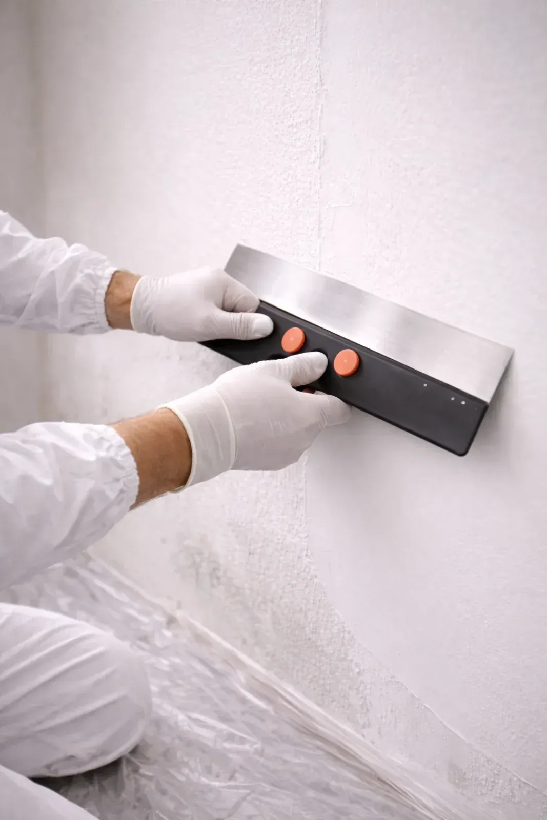 Eine Person glättet mit einem Spachtel eine weiße Wand.