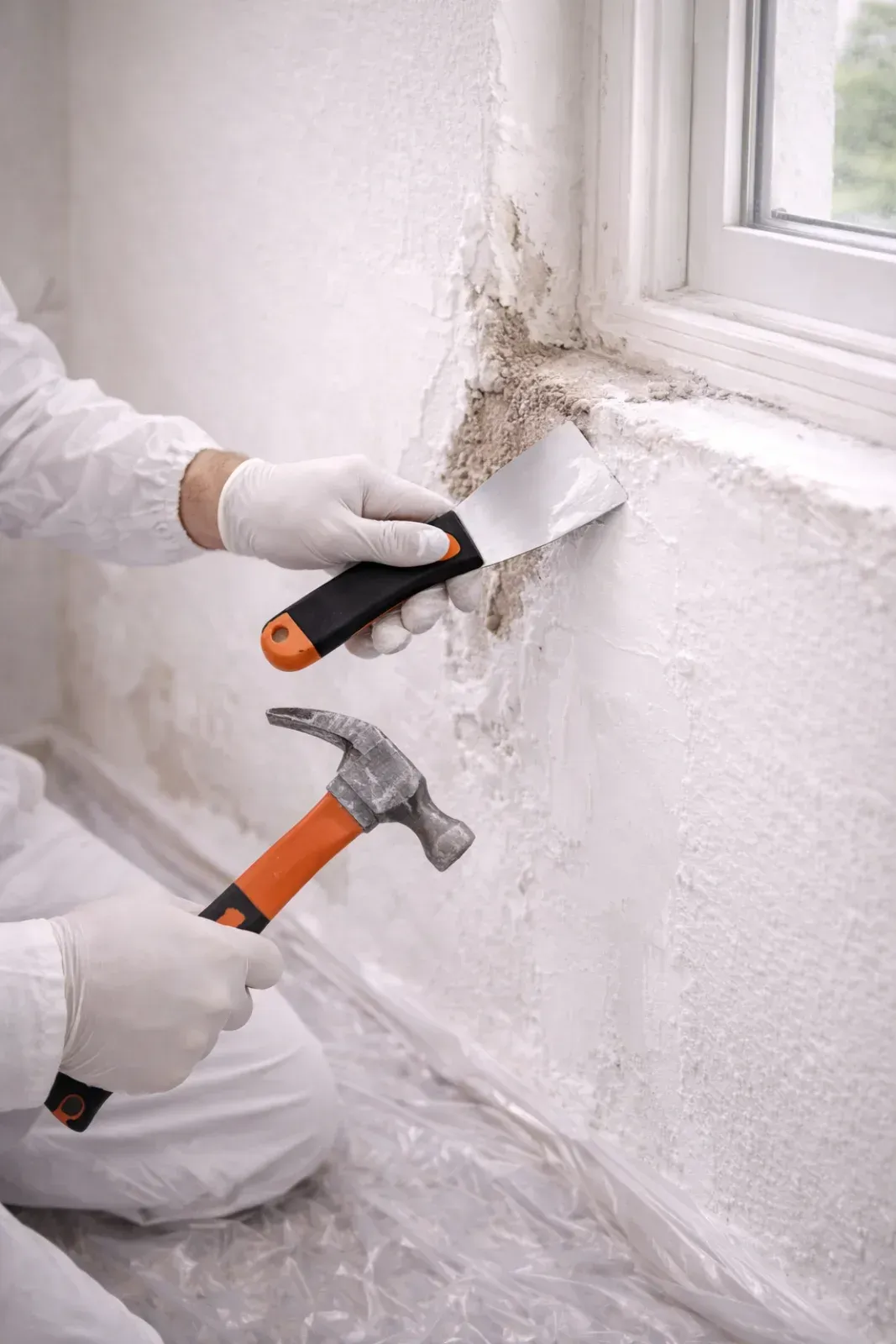 Eine Person entfernt mit Hammer und Schaber Schimmel von einer Wand in der Nähe eines Fensters.