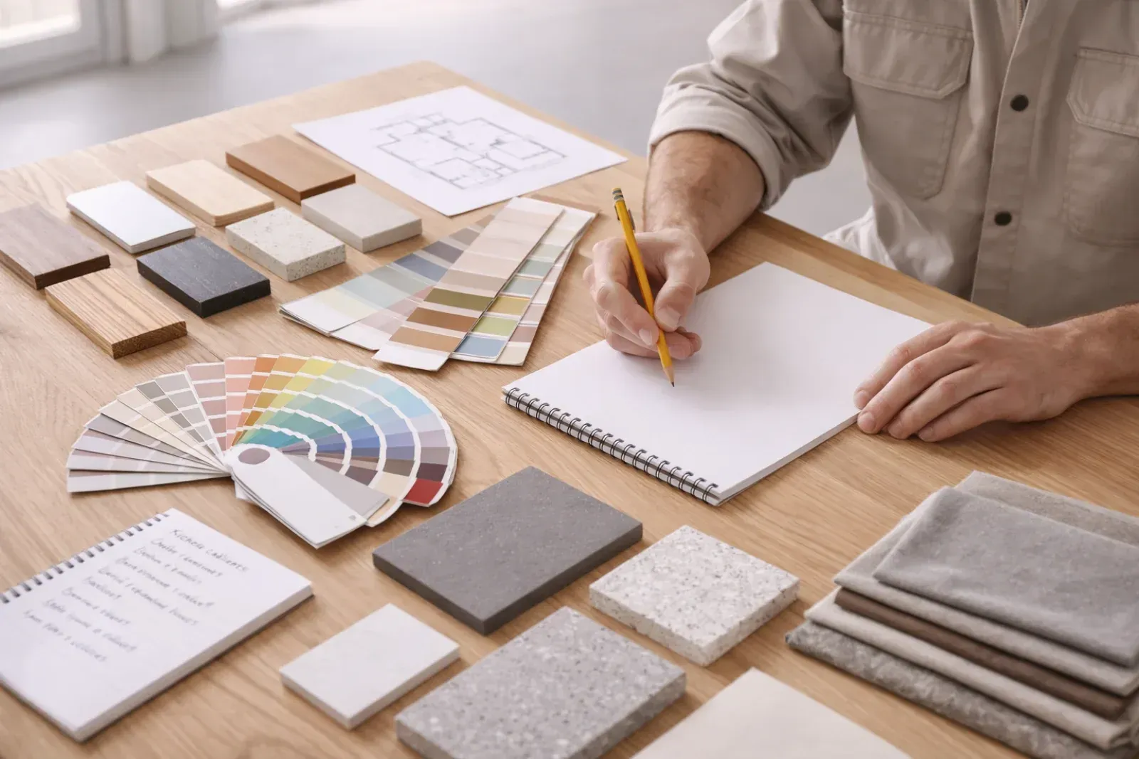 Eine Person skizziert in einem Notizbuch, umgeben von Einrichtungsmustern auf einem Holztisch.