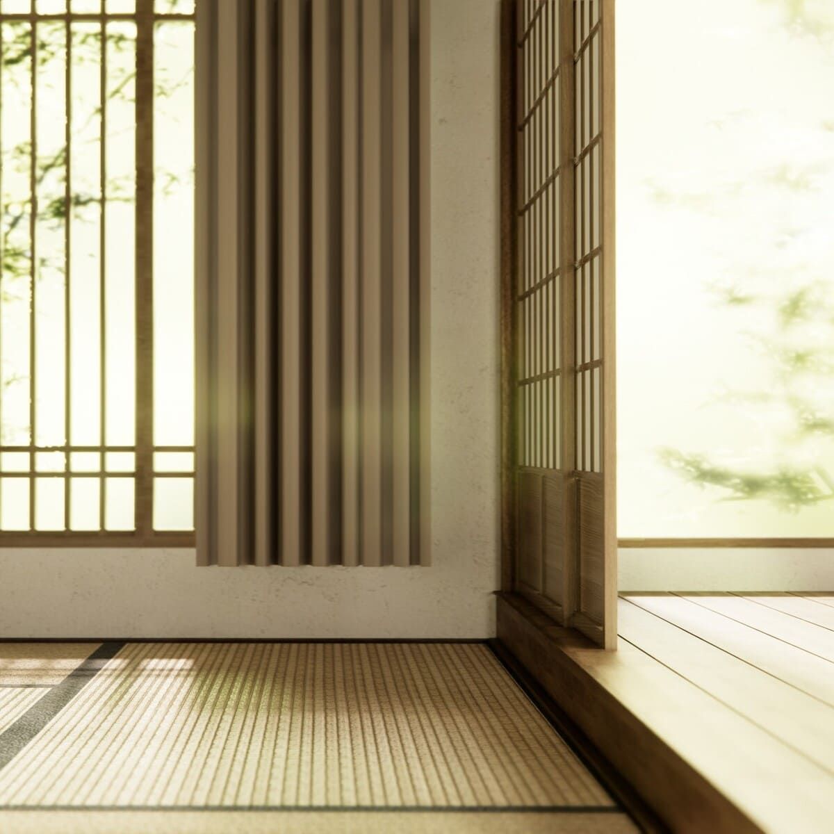 Una habitación con suelo de tatami, cortinas y una ventana.