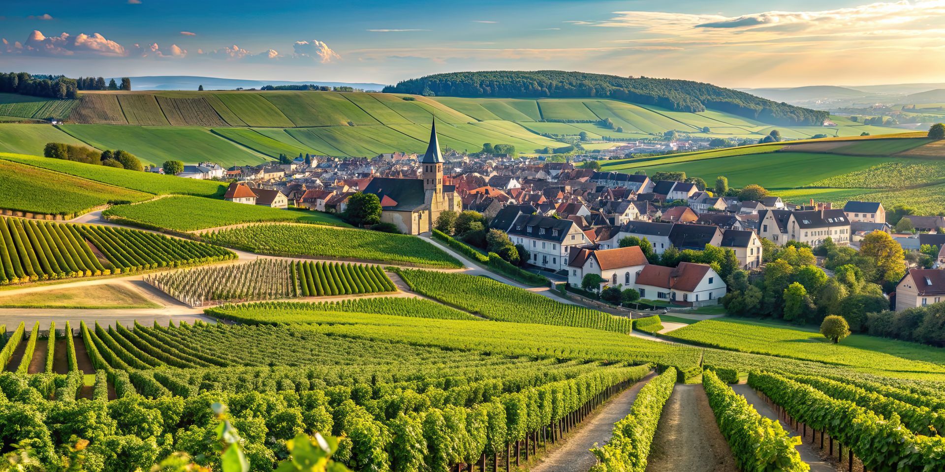 Des collines couvertes de vignes entourent un village ensoleillé sous un ciel dégagé, avec au loin des champs verdoyants.