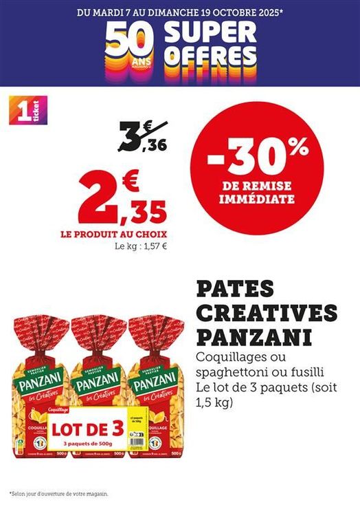 Pâtes créatives Panzani : coquillages ou spaghettoni ou fusilli, le lot de 3 paquets (soit 1,5 kilogrammes). 30 % de remise immédiate. 2,35 € le produit au choix à la place de 3,36 € (le kilogramme à 1,57 €).