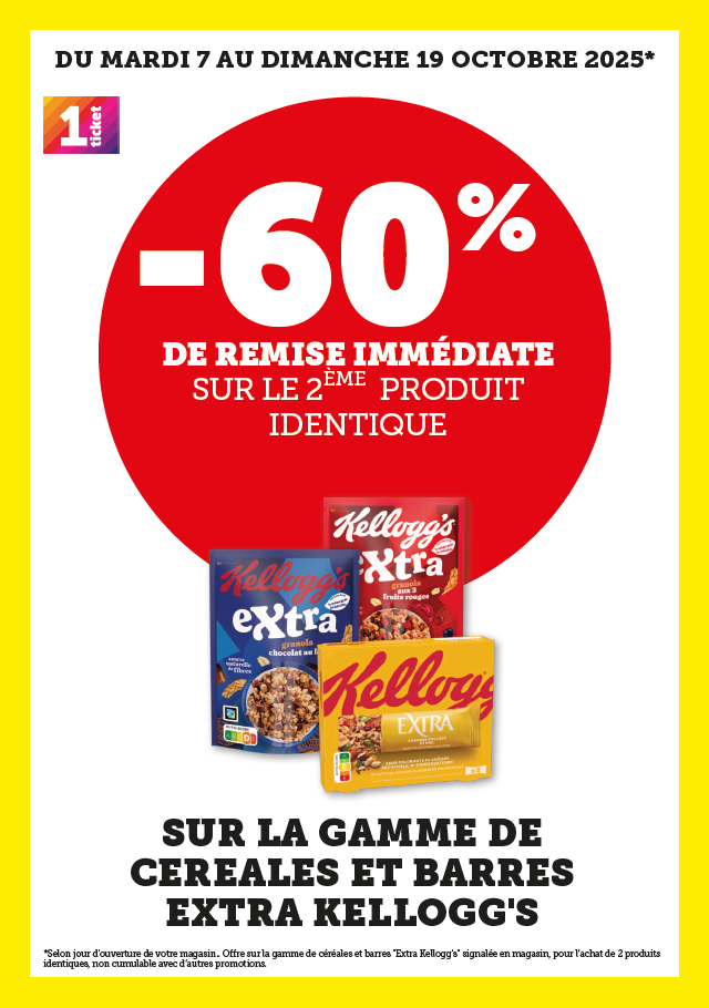 Sur la gamme de céréales et barres Extra Kellogg’s : 60 % de remise immédiate sur le 2e produit identique.