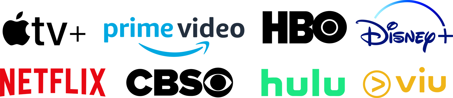 Ein Logo für Apple TV Plus, Prime Video, HBO, Netflix, CBSO und Hulu