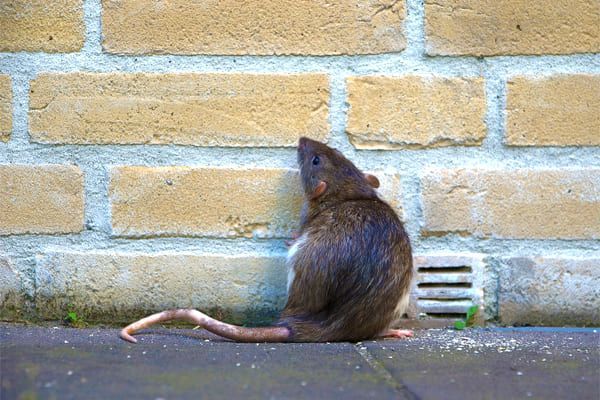 Rat brun contre un mur de briques claires, regardant vers le mur, la queue tendue, à côté d'une bouche d'aération.