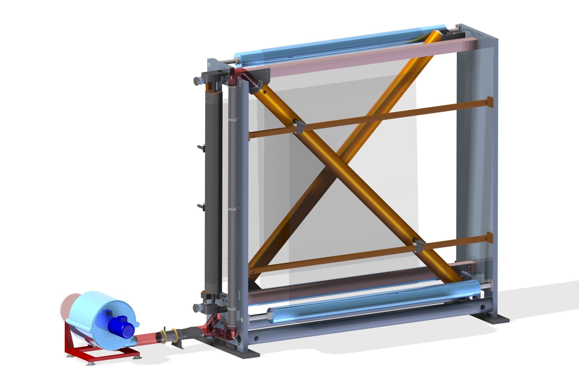 Un modelo 3D de una máquina con un balde acoplado a ella.